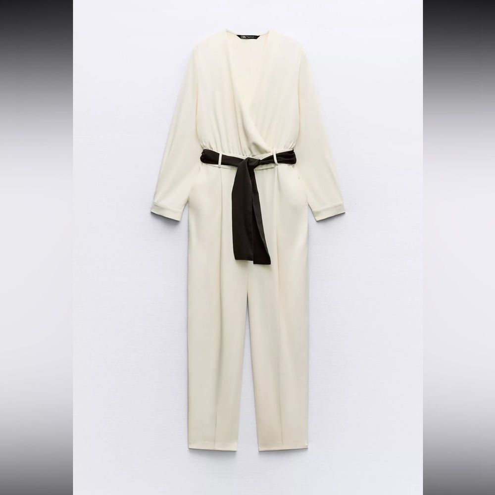 Ivory Wrap-Front Jumpsuit with Black Tie Belt